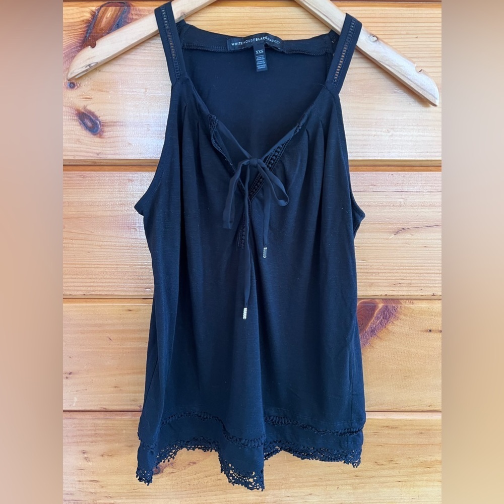 WHITE HOUSE BLACK MARKET Women's Black Tie Neck Embroidered Hem Tank Top XXS